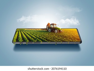 3d illustration of smart farming concept, tractor on a smartphone, farm online management ads, farming control technology online.