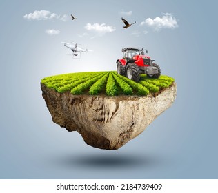 3d Illustration Of Smart Farming Concept, Tractor On A Floating Piece Of Land With Farm Meadow And Crops. Farm Rural On A Flying Island, Digital Farming Concept 3d Design With Clouds And Birds.