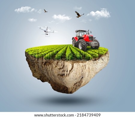 3d illustration of smart farming concept, tractor on a floating piece of land with farm meadow and crops. farm rural on a flying island, digital farming concept 3d design with clouds and birds. Foto d'archivio © 