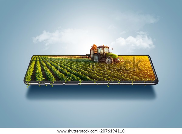 3d illustration of smart farming concept, tractor\
on a smartphone, farm online management ads, farming control\
technology online.