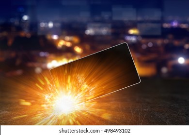 3D Illustration Of Smartphone Battery Explosion, Exploding Mobile Phone, Overheating Battery Cells