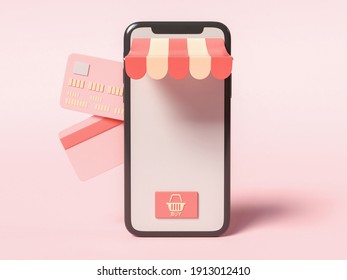 3D Illustration. Smartphone with credit cards on the side. Online shop and e-commerce concept.