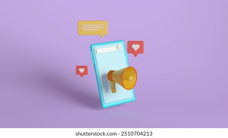 3D illustration of a smartphone featuring a megaphone, chat bubbles, and heart icons, set against a purple background. Ideal for social media, digital marketing, and communication themes. - Powered by Shutterstock