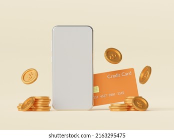 3d Illustration Of Smartphone Mockup With Creditcard And Dollar Coin