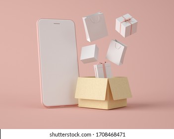 3D Illustration. Smartphone with white blank screen and carboard box with gifts. Shipping service. Shopping online and e-commerce concept.