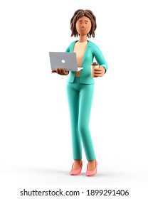 3D Illustration Of Smiling African American Woman Holding Laptop And Paper Coffee Cup. Cute Cartoon Standing Elegant Businesswoman In Green Suit, Isolated On White Background. Office Work Concept.