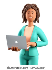 3D illustration of smiling african american woman using laptop. Close up portrait of cartoon standing elegant businesswoman in green suit with computer, isolated on white background. 