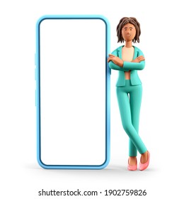 3D illustration of smiling african american woman leaning against the big phone with blank screen. Cartoon standing elegant businesswoman and giant smartphone, isolated on white background. - Powered by Shutterstock