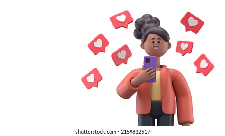 3D illustration of smiling african american woman Coco hold smartphone with like notifications flying around over white background. 3D rendering on white background.
 - Powered by Shutterstock