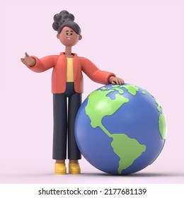 3D illustration of smiling african american woman Coco standing with a globe. global business or ecology concept. 3D rendering on pink background.
 - Powered by Shutterstock