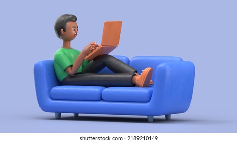 3D Illustration Of Smiling African American Man David Lying On The Orange Couch At Blue Studio And Work On Laptop. Work At Home Concept. 
