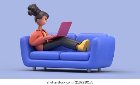 3D Illustration Of Smiling African American Woman Lying On The Orange Couch At Blue Studio And Work On Laptop. Work At Home Concept. 
