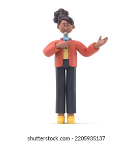 3D Illustration Of Smiling African American Woman Coco - News Presenter With Microphone In Hand. 3D Rendering On White Background.
