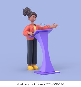 3D illustration of smiling african american woman Coco speaking at a conference.3D rendering on blue background.
 - Powered by Shutterstock