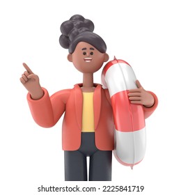 3D illustration of smiling african american woman Coco hold inflatable ring point index finger aside. Summer vacation sea rest sun tan concept.3D rendering on white background.
 - Powered by Shutterstock