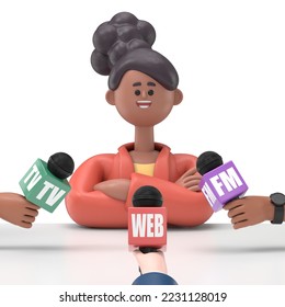 3D illustration of smiling african american woman Coco  being interviewed media.3D rendering on white background.
 - Powered by Shutterstock