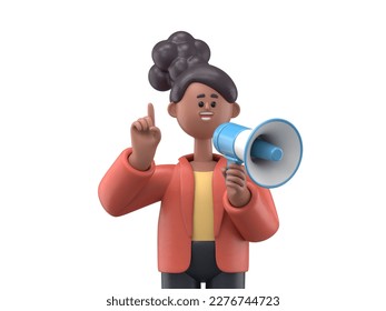 3D illustration of smiling african american woman Coco talking in megaphone and pointing up, announcing discount promo, 3D rendering on white background.
 - Powered by Shutterstock