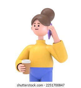 3D illustration of smiling Asian woman Angela hold coffe and talking smartphone.3D rendering on white background.
 - Powered by Shutterstock