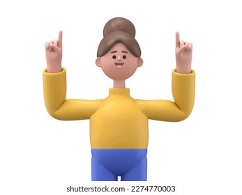 3D illustration of smiling Asian woman Angela with finger pointing up hand gesture.3D rendering on white background.
 - Powered by Shutterstock