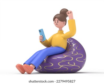 3D illustration of smiling Asian woman Angela in casual clothes sit in bag chair hold use mobile cell phone do winner gesture.3D rendering on white background.
 - Powered by Shutterstock