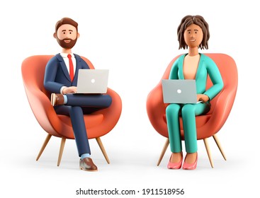 3D illustration of smiling bearded man and african american woman using laptops and sitting in chairs. Cute cartoon businessman and businesswoman working in office, isolated on white background.