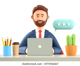 3D illustration of smiling bearded man with laptop in office, working at the desk with coffee cup, cactus. Cute cartoon businessman character chatting on the computer with big speech bubble.