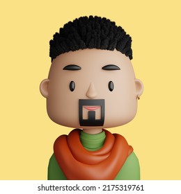 3D Illustration Of Smiling  Bearded Man. Cartoon Close Up Portrait Of Smiling Bearded Man With Curly Hair On A Yellow Background. 3D Avatar For Ui Ux.