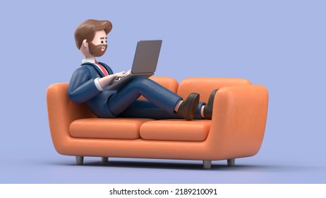 3D Illustration Of Smiling Businessman Bob Lying On The Orange Couch At Blue Studio And Work On Laptop. Work At Home Concept. 
