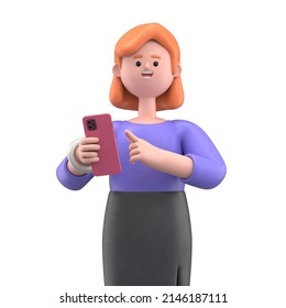 3D illustration of a smiling businesswoman Ellen looking at smartphone and chatting. Portraits of cartoon characters talking and typing on the phone. Communication in social networking - Powered by Shutterstock