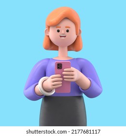 3D illustration of a smiling businesswoman Ellen looking at smartphone and chatting. Portraits of cartoon characters talking and typing on the phone.  3D rendering on blue background. - Powered by Shutterstock