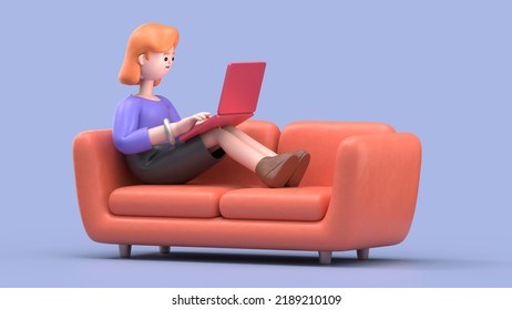 3D Illustration Of Smiling Businesswoman Ellen Lying On The Orange Couch At Blue Studio And Work On Laptop. Work At Home Concept. 
