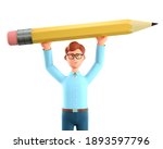 3D illustration of smiling creative man holding big pencil over his head in the air and generating ideas. Cartoon standing businessman, team leader, student, isolated on white background.