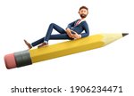 3D illustration of smiling creative man lying on a big pencil and flying in the air. Cartoon bearded businessman generating new ideas on giant pen, isolated on white background.