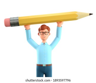 3D illustration of smiling creative man holding big pencil over his head in the air and generating ideas. Cartoon standing businessman, team leader, student, isolated on white background.
