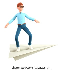 3D illustration of smiling creative man flying on a huge paper airplane. Cute cartoon businessman reaching goals, isolated on white background.