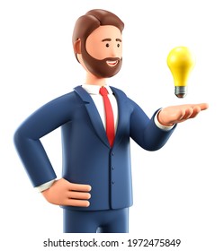 3D illustration of smiling creative man looking at the bulb over hand. Cute cartoon businessman generating ideas, solving tasks and reaching goals. Business solutions, success and strategy. 