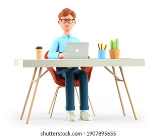 3D Illustration Of Smiling Cute Man Working At The Desk In Modern Office. Cartoon Happy Businessman Or Freelancer Using Laptop, Isolated On White Background. Workplace Concept.