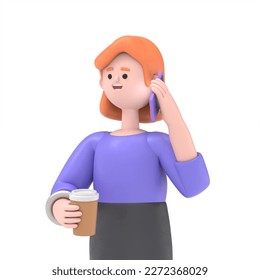 3D illustration of smiling European businesswoman Ellen hold coffe and talking smartphone.3D rendering on white background.
 - Powered by Shutterstock