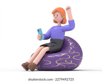 3D illustration of smiling European businesswoman Ellen in casual clothes sit in bag chair hold use mobile cell phone do winner gesture.3D rendering on white background.
 - Powered by Shutterstock