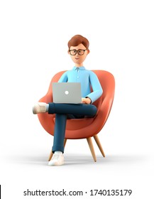 3D illustration of smiling happy man with laptop sitting in armchair. Cartoon businessman working in office and using social networks, isolated on white background.