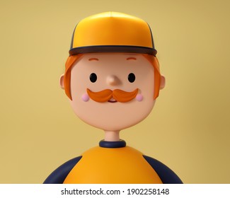 3D illustration of smiling happy man in cap. Cartoon close up portrait of standing man on yellow background. 3D 