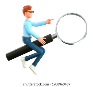 3D illustration of smiling man flying in air on a giant magnifying glass and pointing at direction. Cartoon exploring businessman, searching for information, isolated on white background.