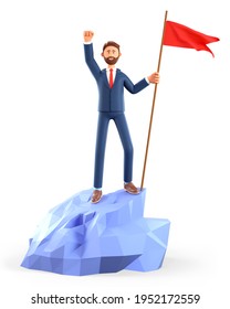 3D Illustration Of Smiling Man Hoisting A Red Flag On The Top Mountain. Cute Cartoon Happy Businessman Throwing His Hand Up Reaching Goals. Objective Attainment. Peak Of Success, Leadership Concept. 