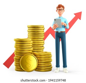 3D illustration of smiling man holding tablet and standing next to a huge stack of gold coins and rising arrow chart. Cartoon businessman, successful investor. Financial consulting, savings concept. - Powered by Shutterstock