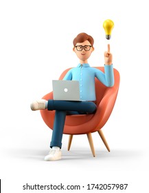 3D illustration of smiling man with laptop and bulb over head, sitting in armchair. Cartoon businessman creating new good ideas or thoughts, working in office, isolated on white.