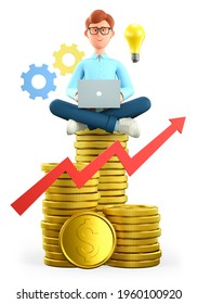 3D Illustration Of Smiling Man With Laptop Sitting On The Huge Stack Of Gold Coins. Cartoon Businessman, Successful Investor Reaching Financial Goals. Bulb, Gears And Rising Arrow. Savings Concept.