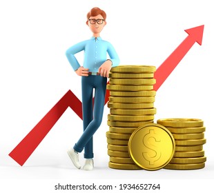 3D illustration of smiling man leaning on a huge stack of gold coins and rising arrow chart. Cartoon standing businessman, successful investor, entrepreneur. Financial consulting, savings concept. - Powered by Shutterstock