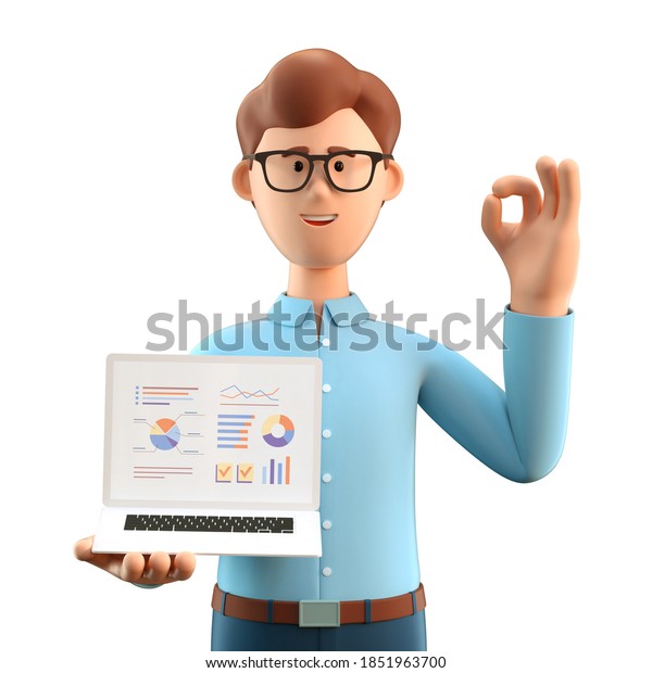 スクリーンノートパソコンでビジネスチャートを表示する 正しいジェスチャーを持つ笑顔の男性の3dイラスト 白い背景にアニメ のビジネスマンで オフィスで働き インフォグラフィックを分析 のイラスト素材