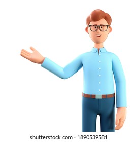 3D illustration of smiling man showing hand at direction. Close up portrait of cartoon businessman with eyeglasses and blue shirt, isolated on white background.
