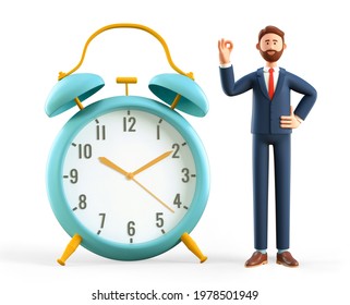 3D illustration of smiling man showing ok gesture and standing next to a huge vintage alarm clock. Businessman with okay sign. Deadline, project time limit, task due dates concept.